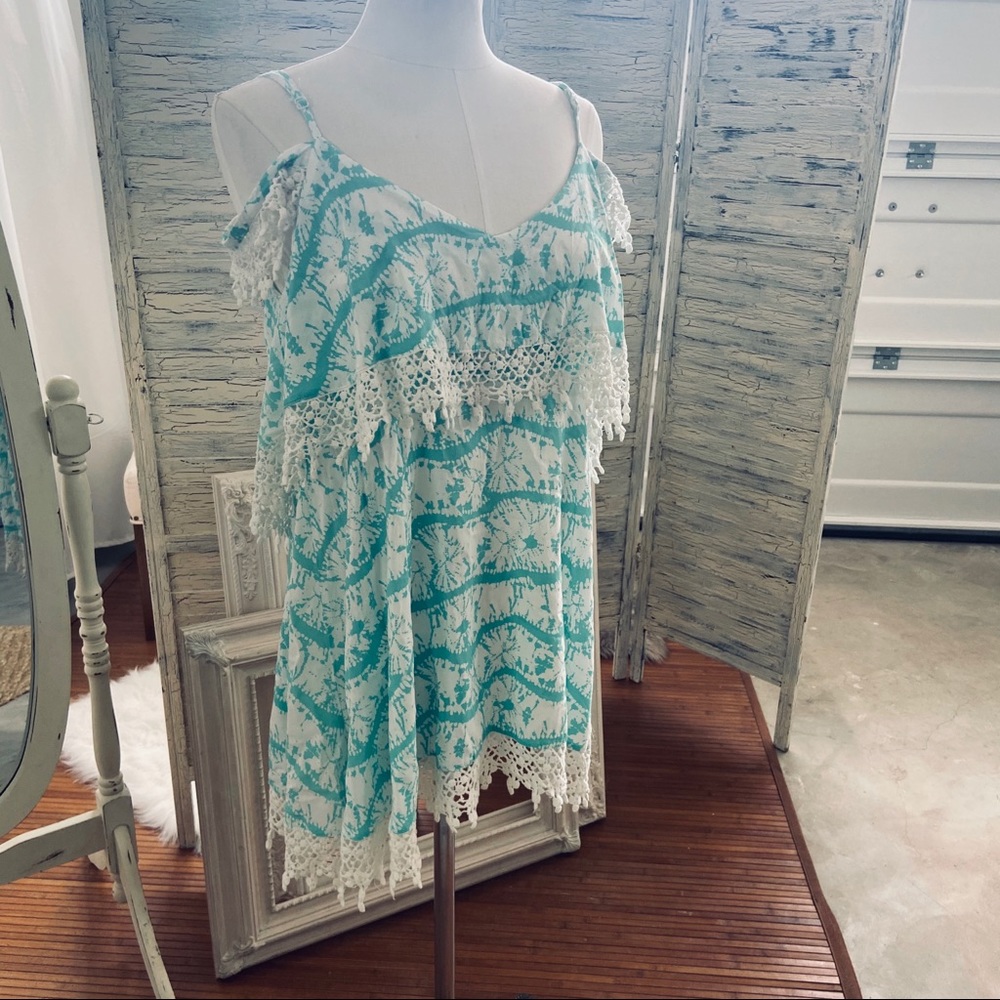 Sexy  Millau Teal &White Cold Shoulder Dress